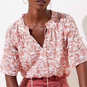 Loft Peach Coral Floral Split-Neck Flutter Sleeve  Peasant Blouse Top Medium